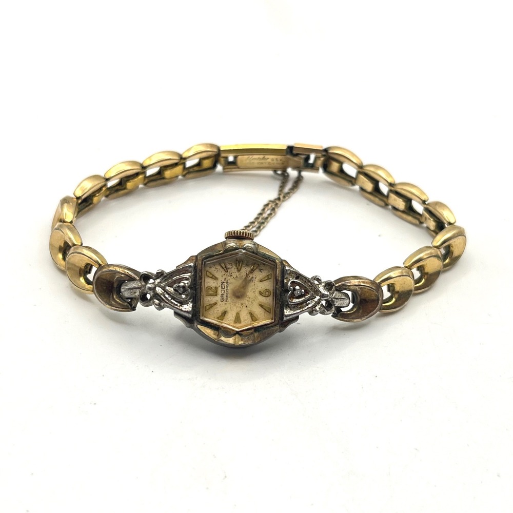Vintage Gruen Precision Ladies Watch 10K Gold Filled Kreisler Band Hexagon Face
